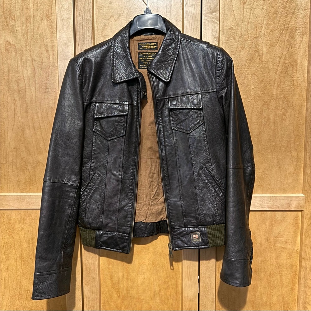 Scotch & Soda Brown Leather Bomber Jacket, Size Small